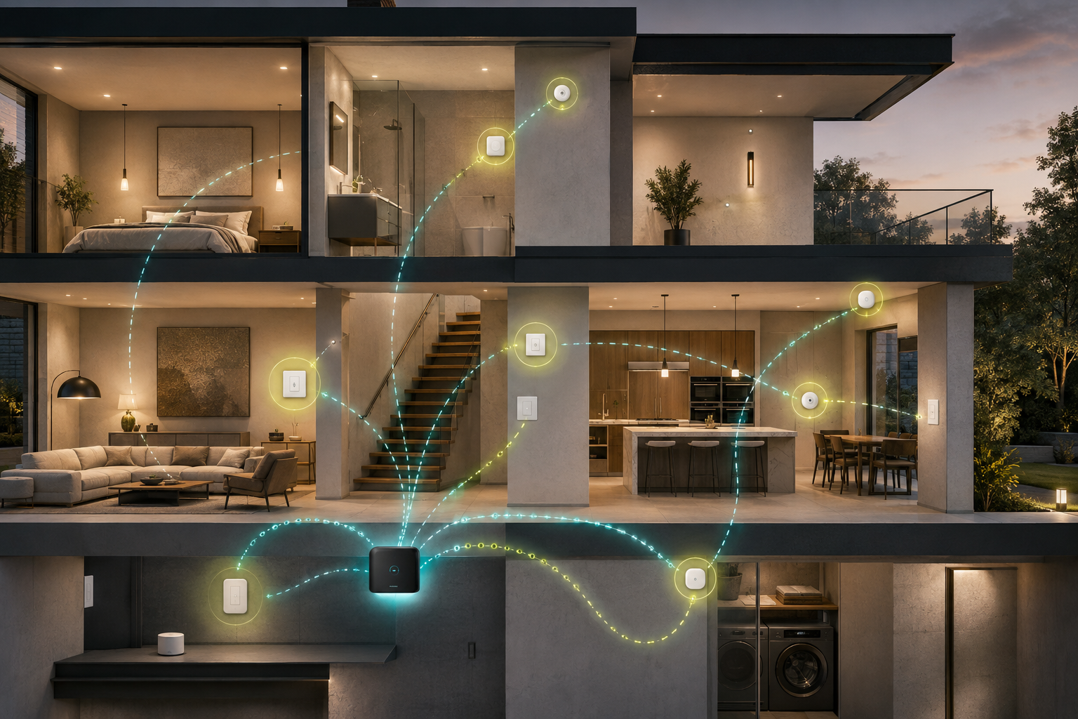 הדמיה מקורית של מערכת IoT ורשת Mesh לבית חכם